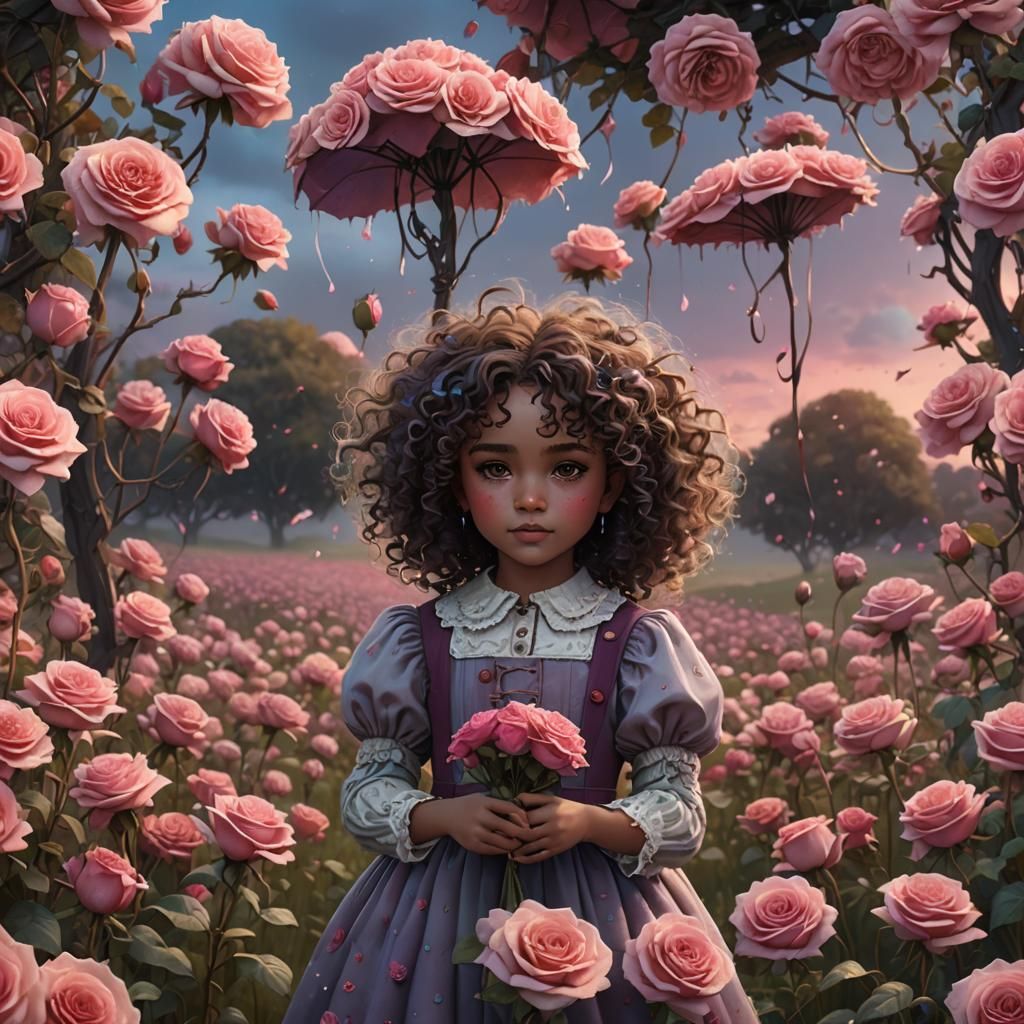 Pastel Whimsy: Curly Baby Girl Amidst Roses in a Fantastical...