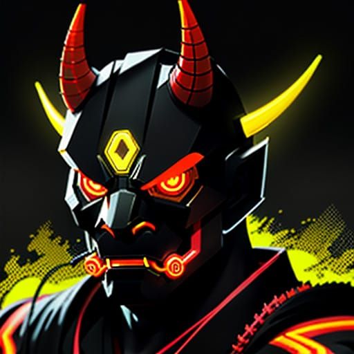 Glowing Yellow Oni Mask in Cyberpunk Style