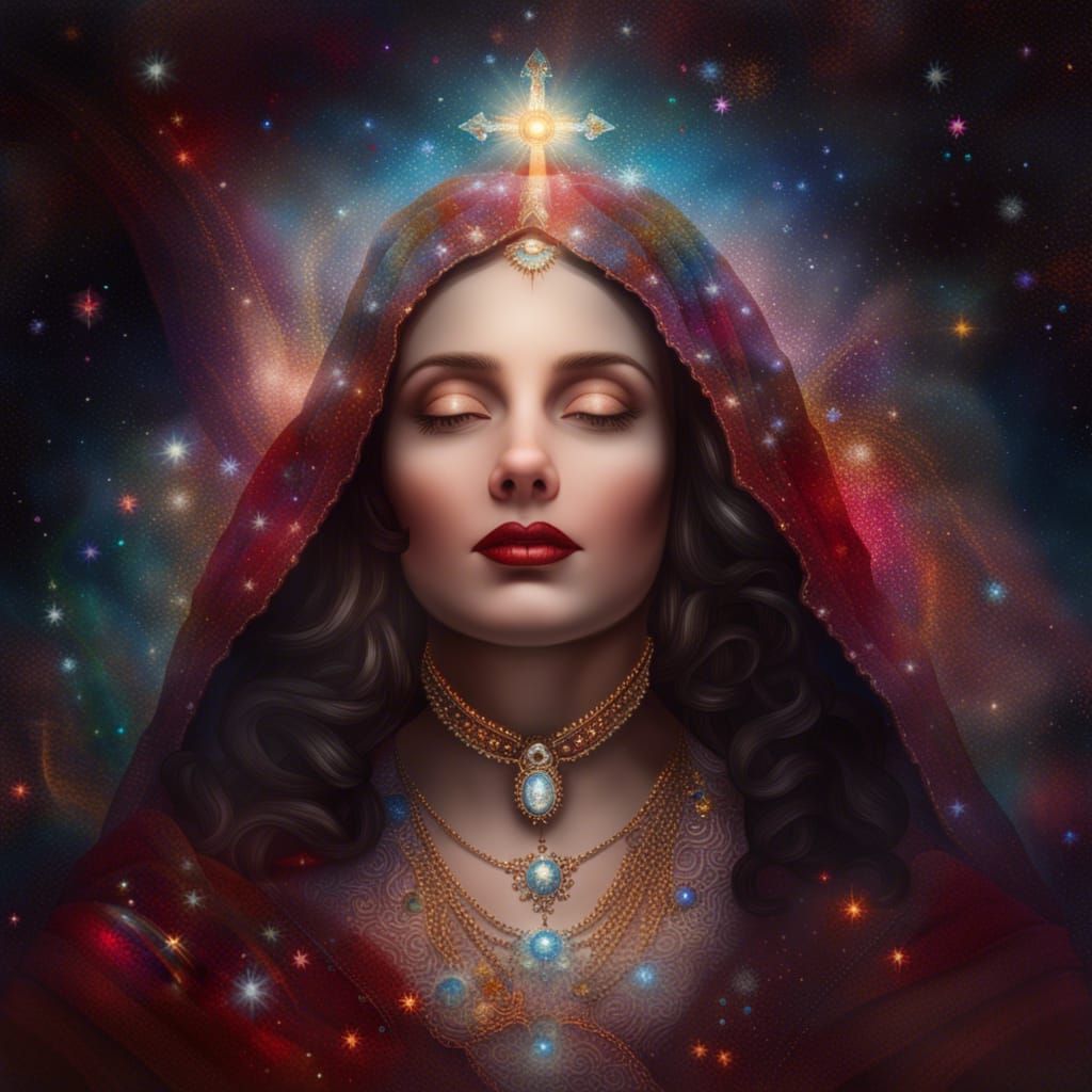 Frontal portrait of our lady in heaven, head covering, soulf...