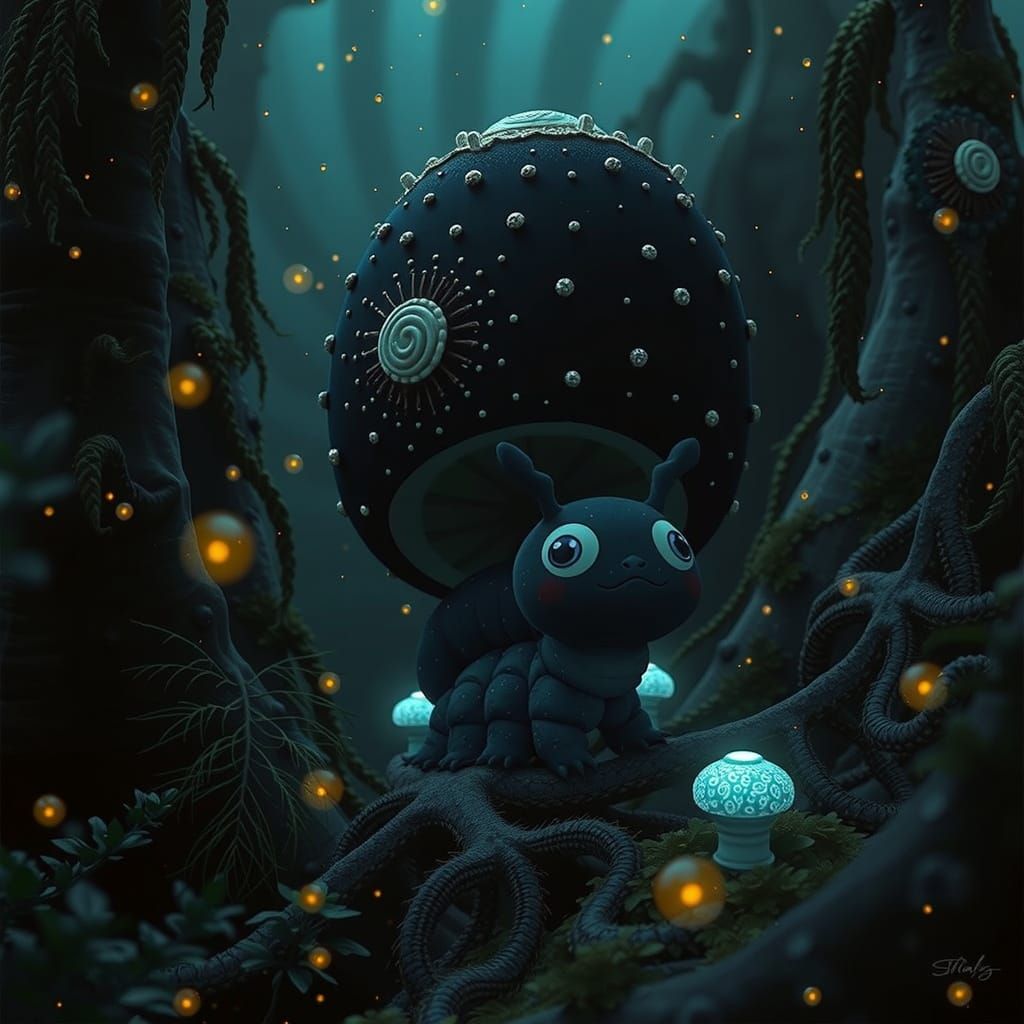 Surreal Kawaii Chibi Caterpillar in Whimsical Mushroom Realm