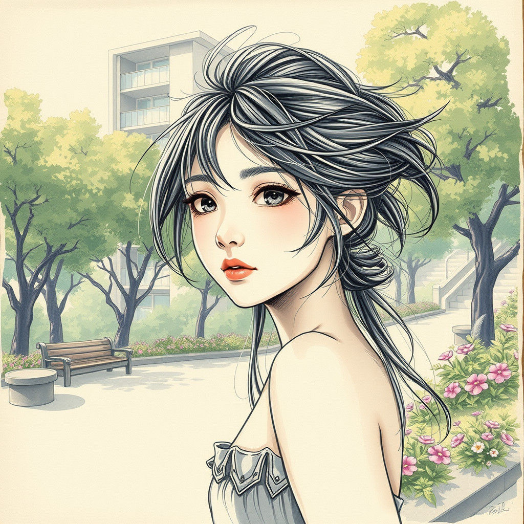 Modest City Park Scene with Delicate Anime-Inspired Details