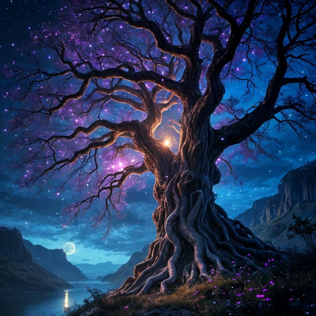 Ancient Tree of Mystery in Dreamlike Nighttime Landscape
