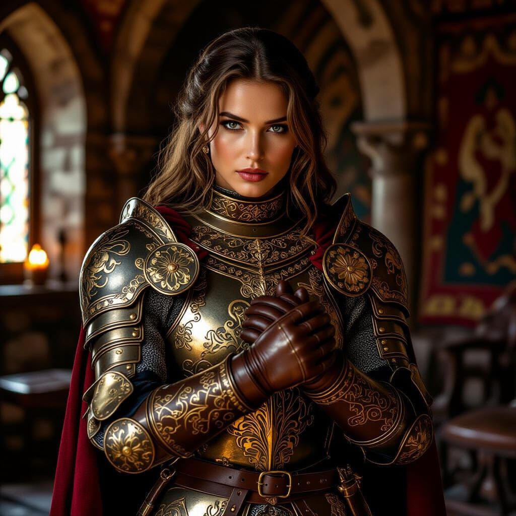 Noble Knight Removing Gauntlets in Medieval Castle