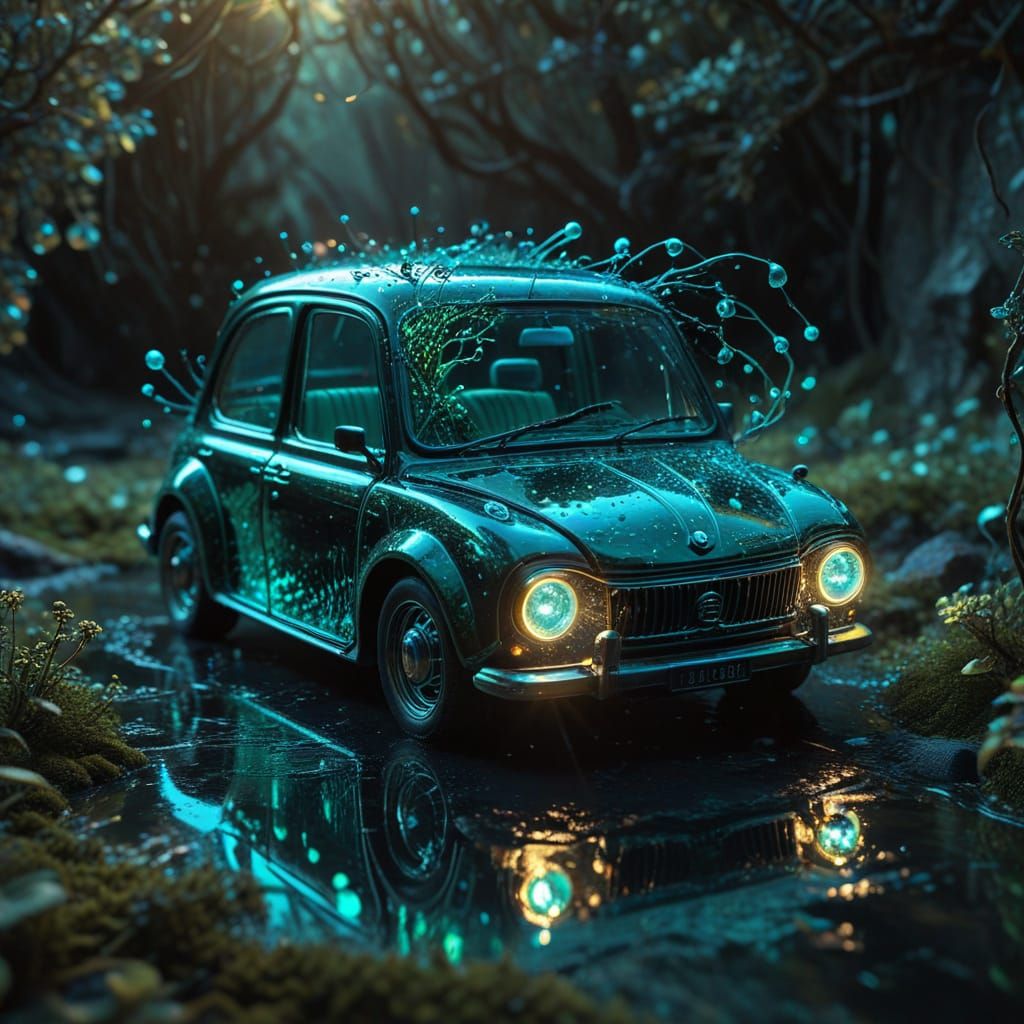 Dreamlike Ferrofluid Car Trapped in a Shifting Tesseract