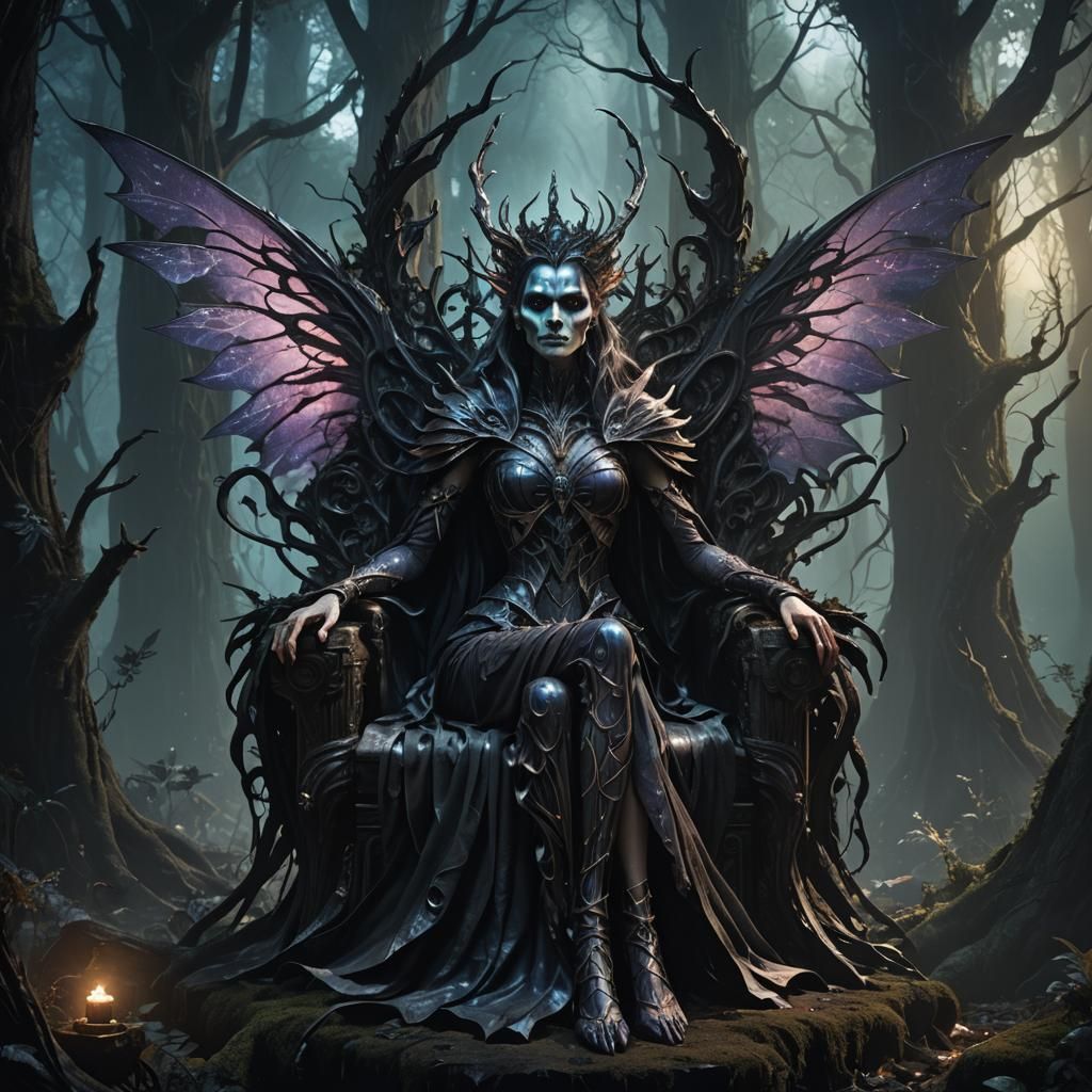Fantasy Queen Amidst Dark, Mystical Forest in Vibrant, Contr...