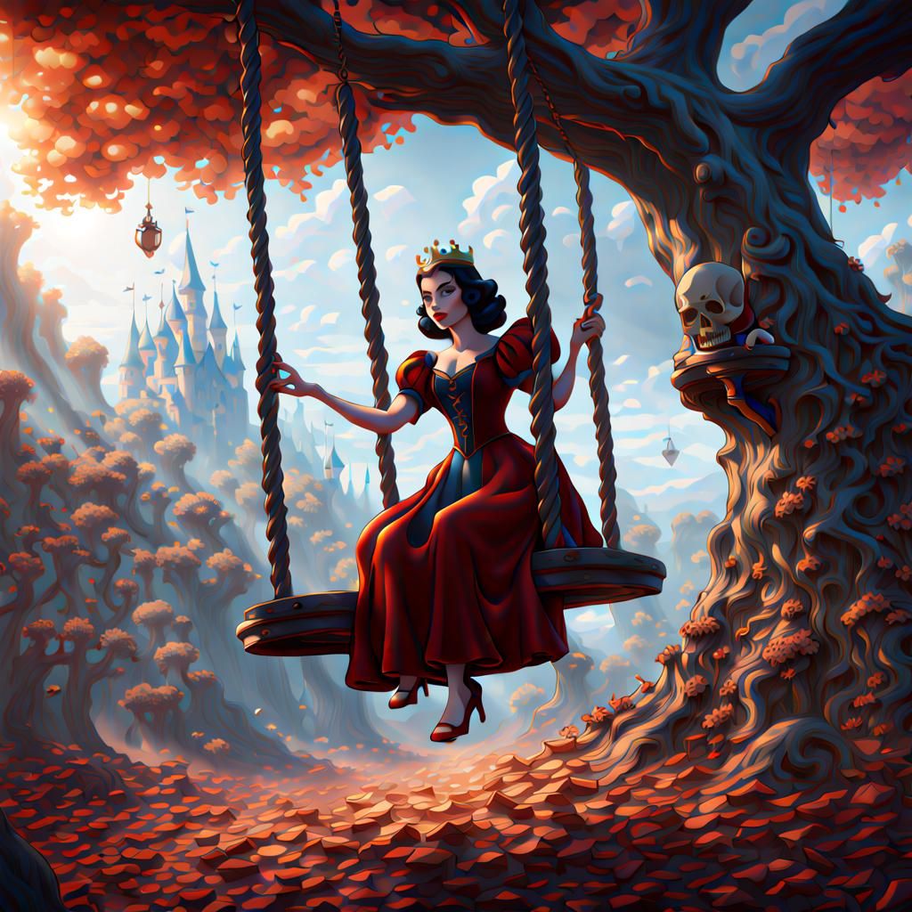 Fairest Queen's Surreal Swing Scene in Fantasy Art