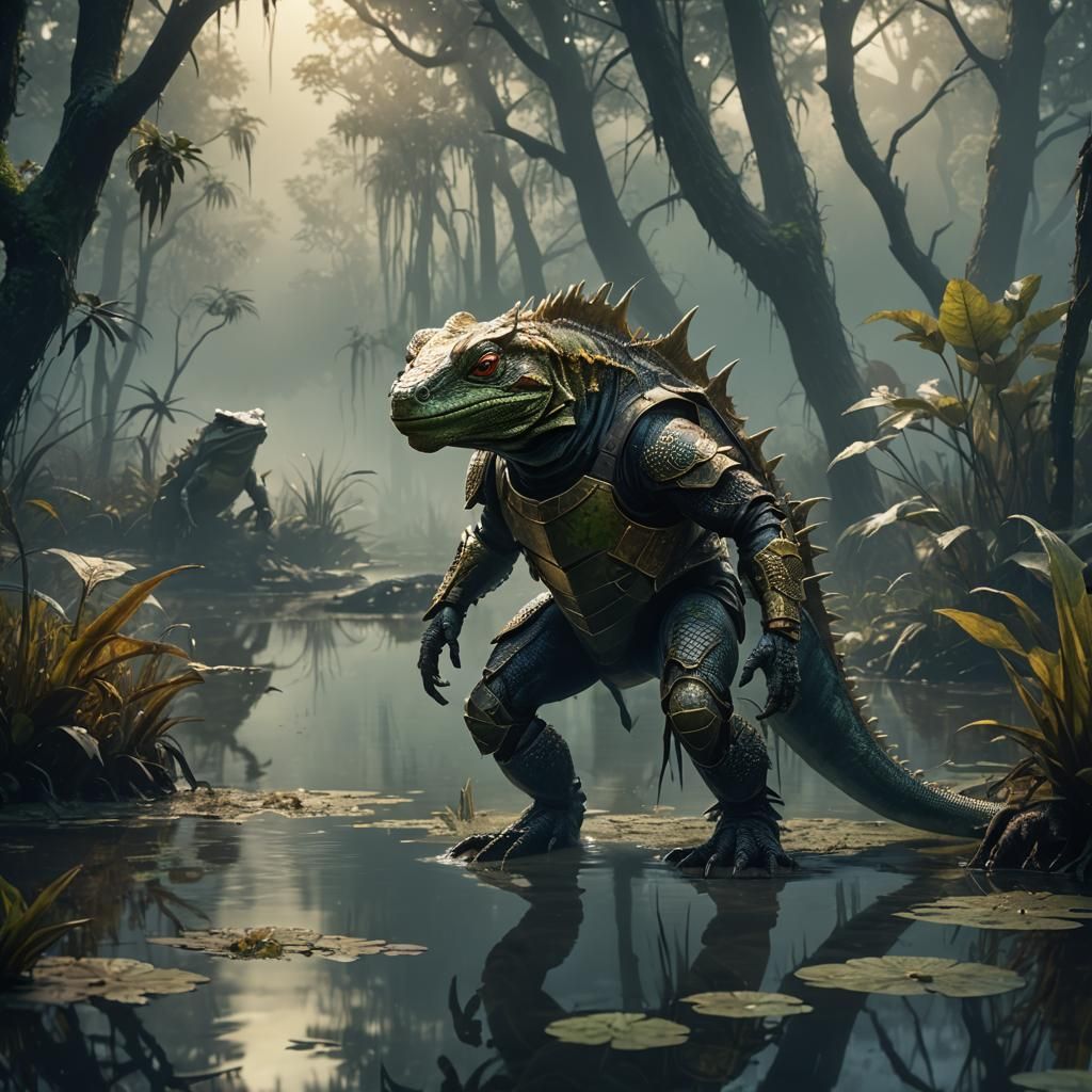 Fantasy Bipedal Lizard Warrior Emerging from Swamp Mire