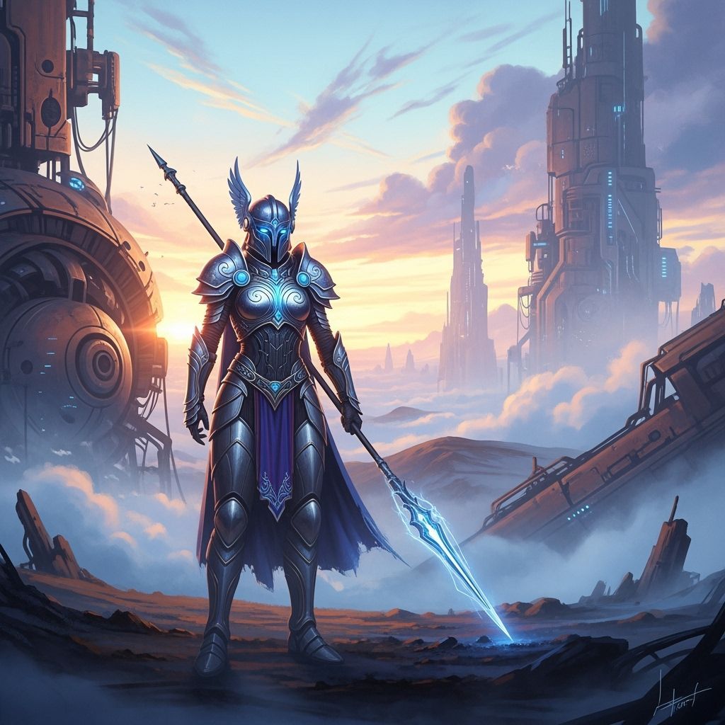 Majestic Valkyrie in Mystical Realm: Atmospheric Digital Art