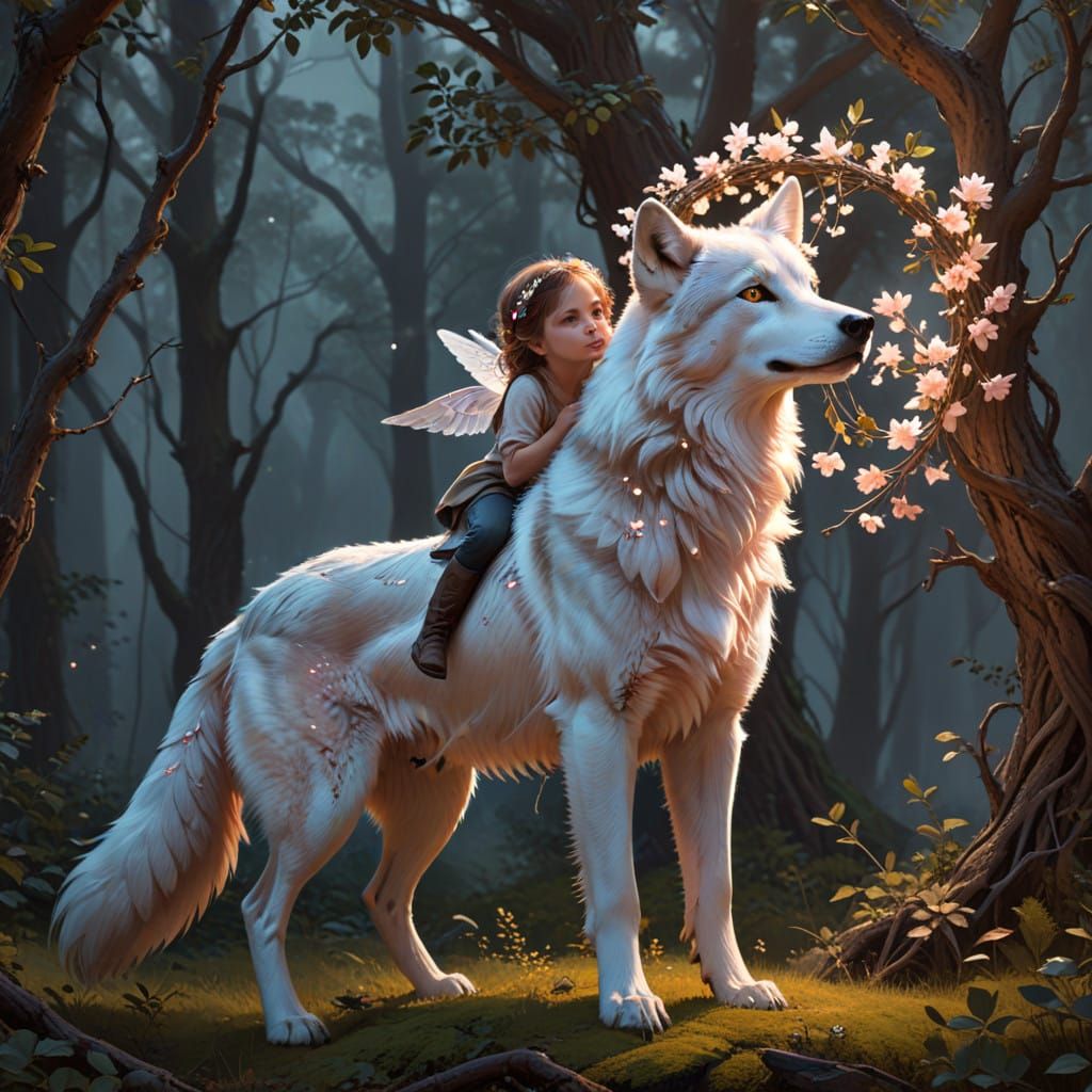 Whimsical Child and Wolf beneath the Mistletoe