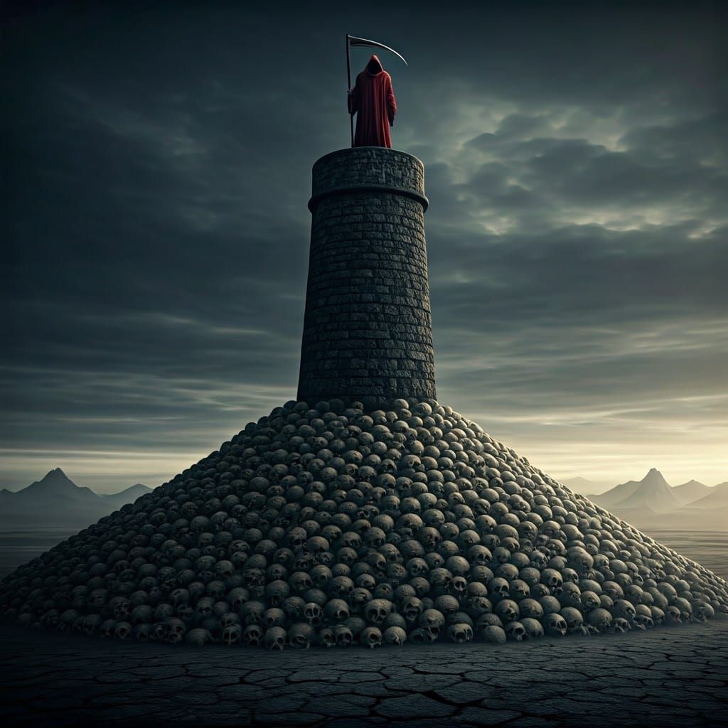 Crimson Grim Reaper Stands atop Dark Tower in Haunting Real-...