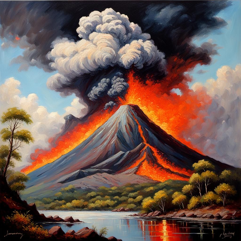 Erupting Volcano in Impasto Oil Painting