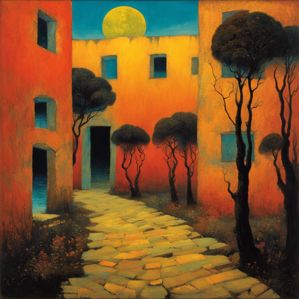 Surrealist Landscape with Majestic Oak Trees and Serene Lake...