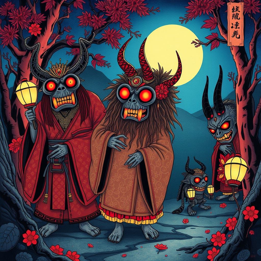 Mysterious Yokai in Moonlit Forest, Japanese Art Styles