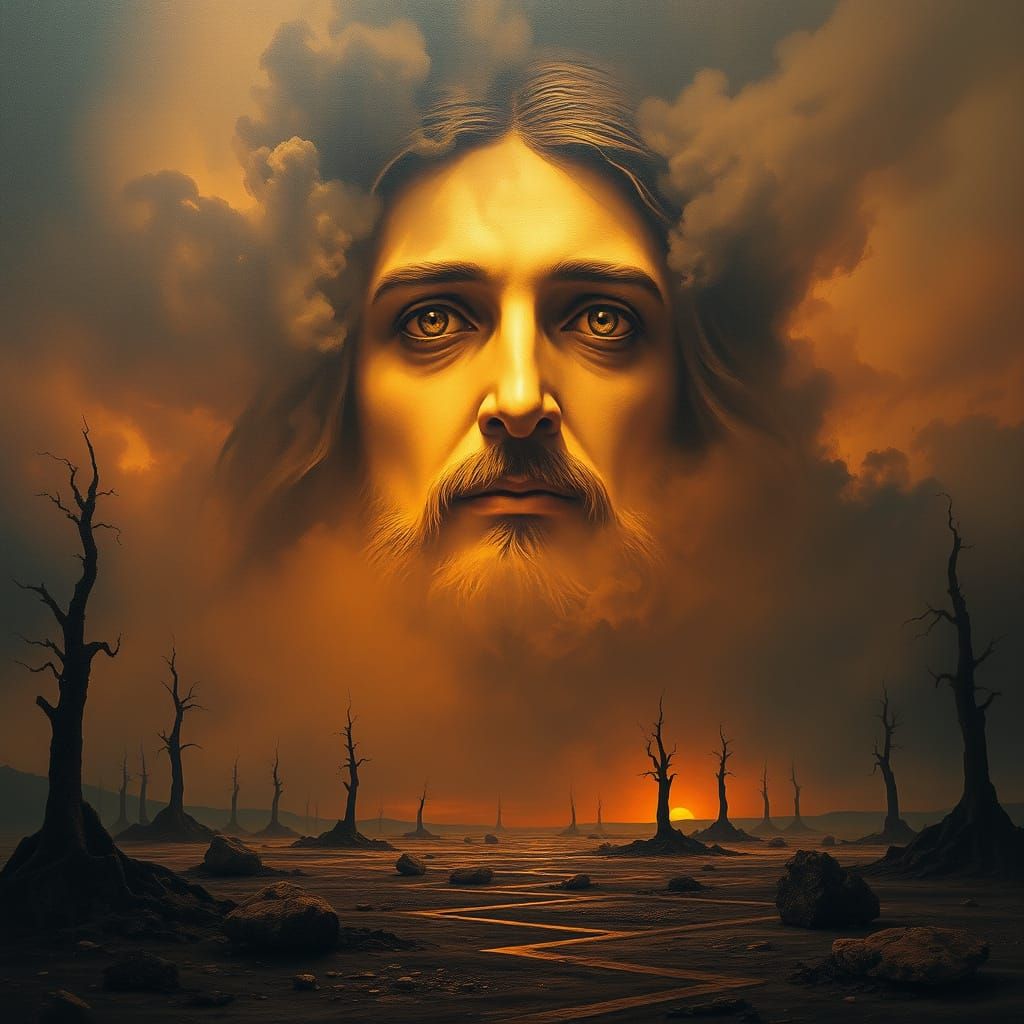 Jesus Face Looms Over Post-Apocalyptic Landscape in Neo-Expr...