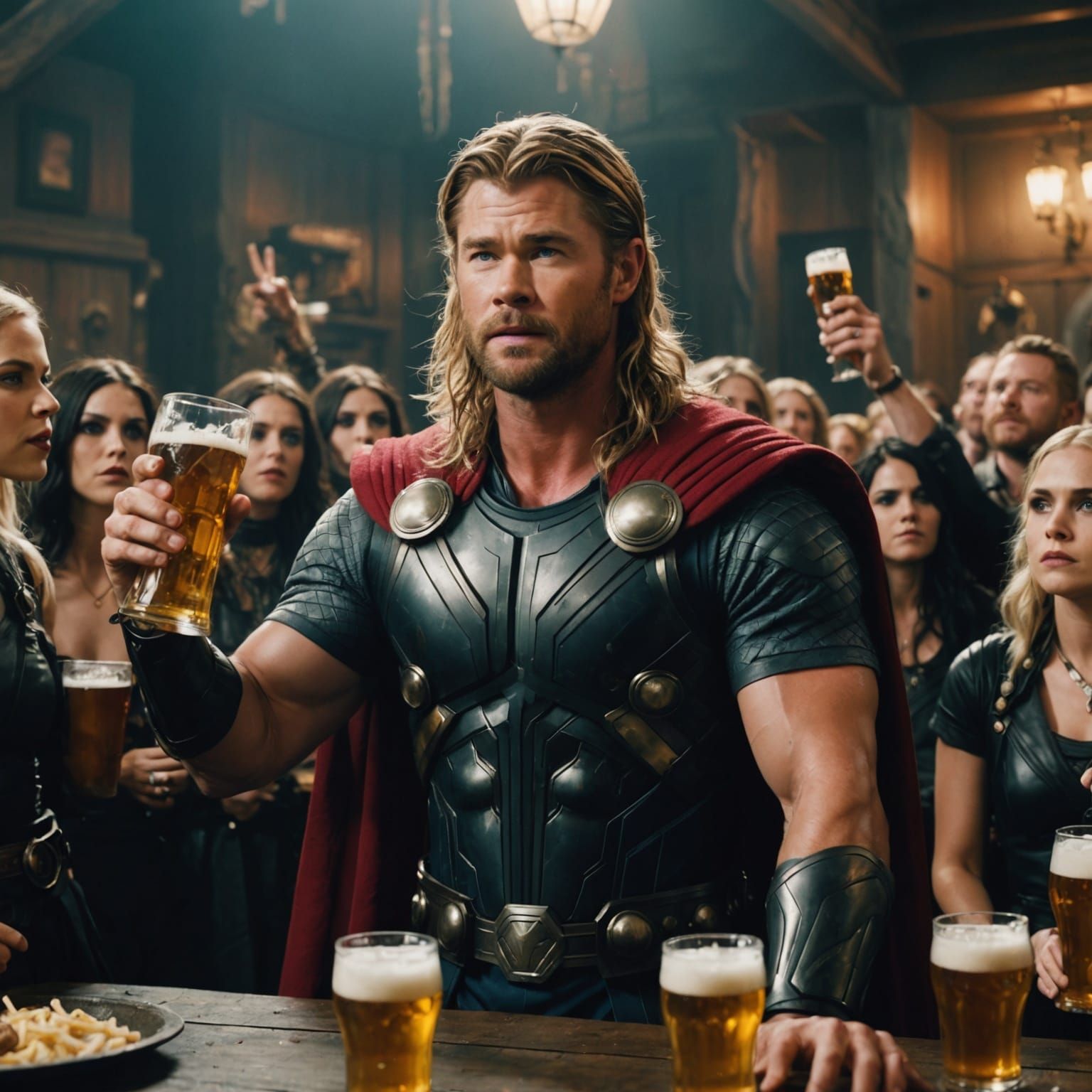 Thor Surrounded by Goth Beer Chuggers in Cinematic Film Stil...