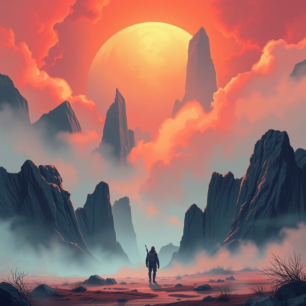 Eerie Mist Envelops Figure in Alien Landscape