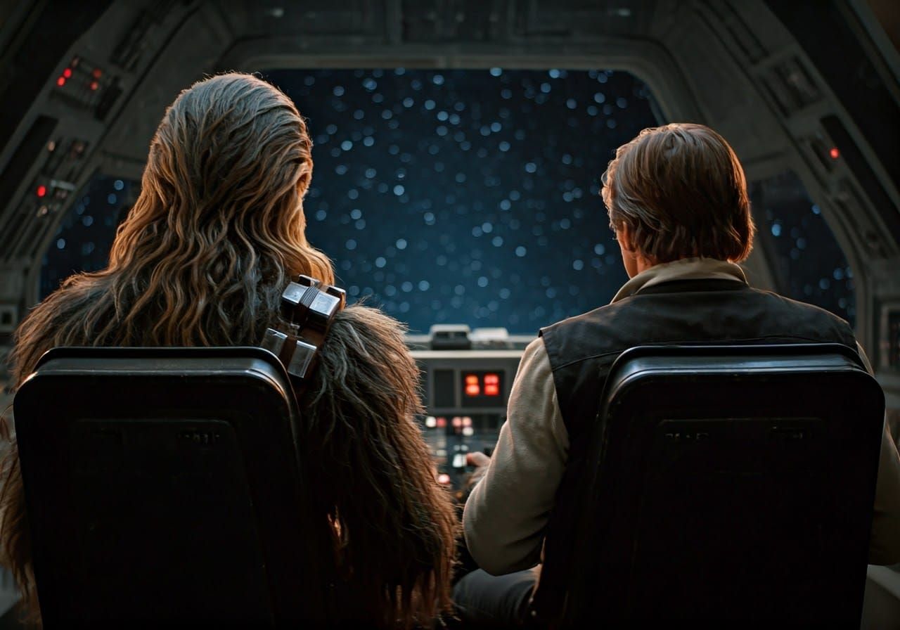 Chewbacca and Hans Solo looking out the window of the Millennium Falcon