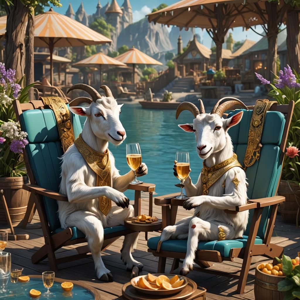 Cartoon Goats Enjoy Elegant Champagne Soiree in Dreamlike La...