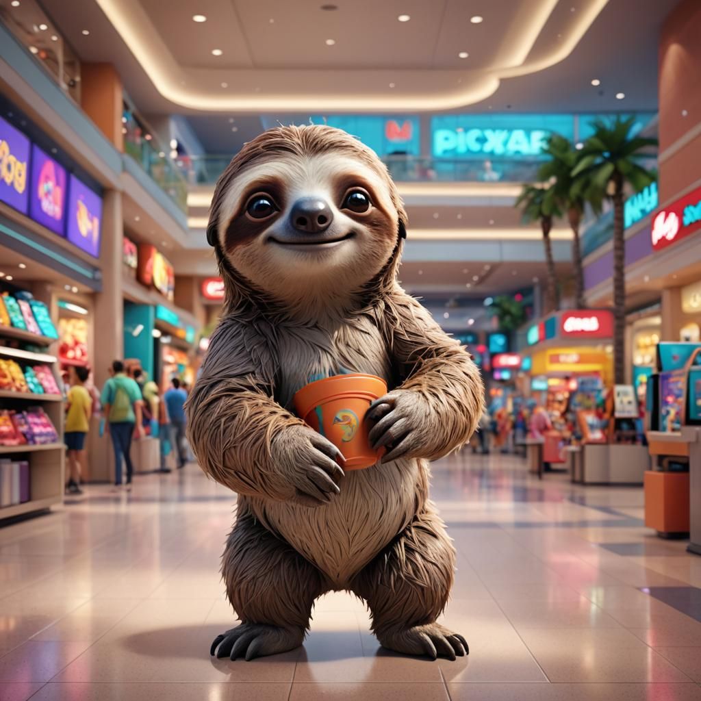 Sloth in a Vibrant 3D Mall Environment