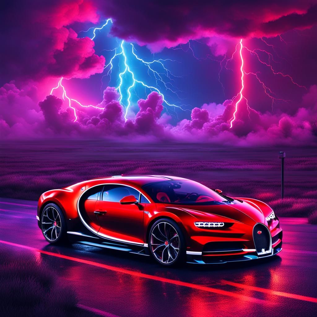 Neon Retro Bugatti Chiron in Thunderstorm