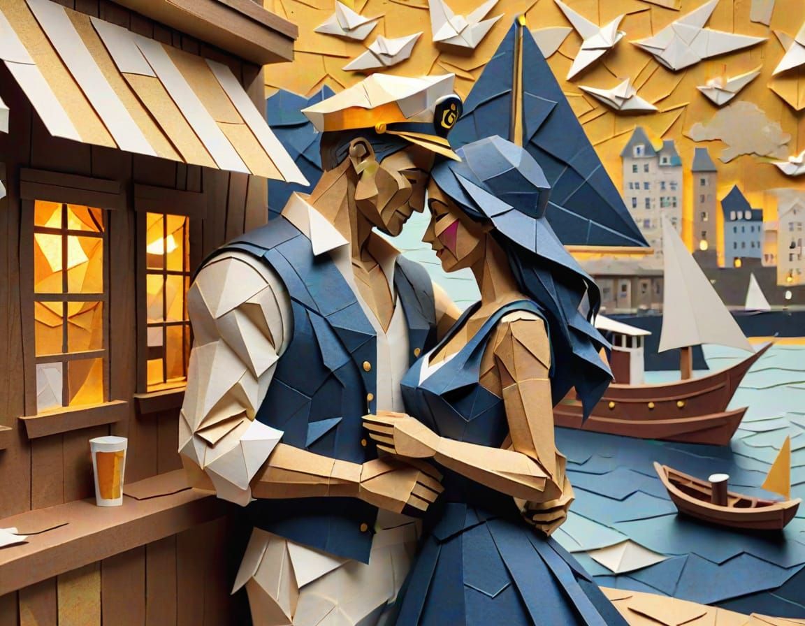 Sailor and Bar Girl Embrace in Paper Art Style