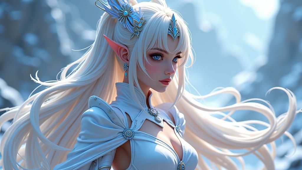 Ethereal Demon Queen in Regal Icy White Attire, Platinum Blo...