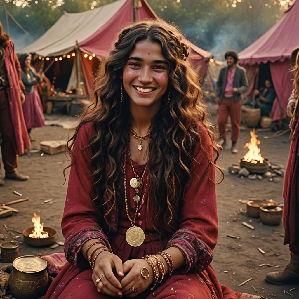 Gypsy Woman in Vibrant Red Outfit Smiles Beside Bonfire