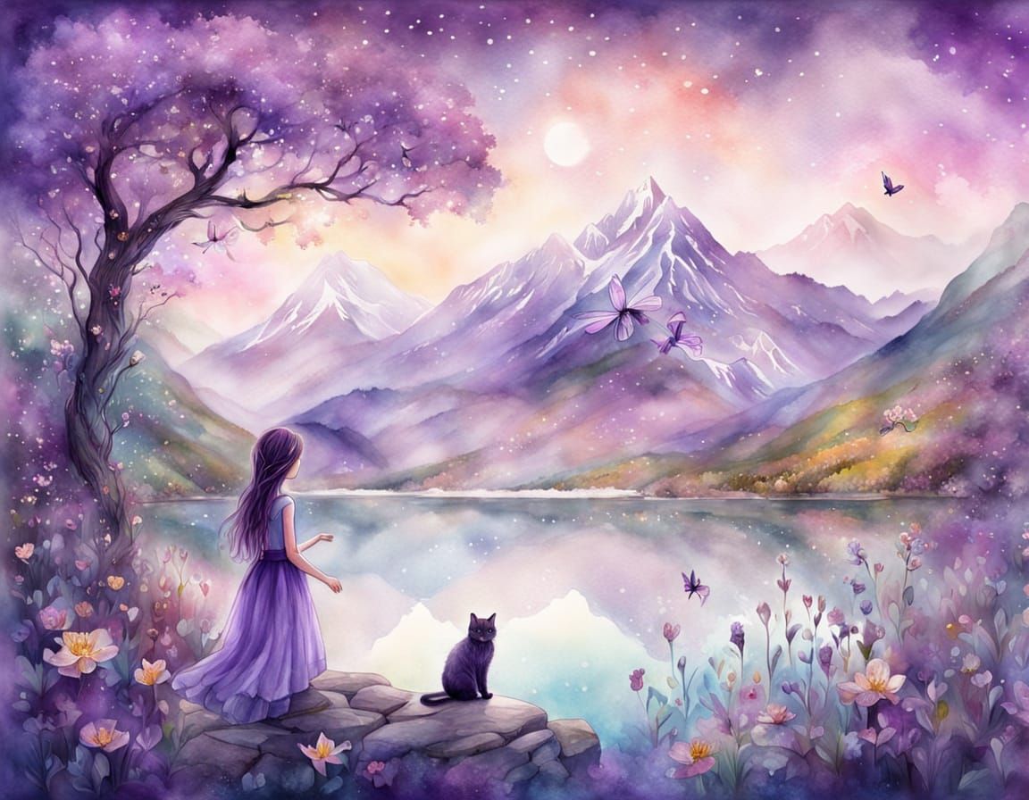 Purple Fairy and Cat in Watercolor Splash Art