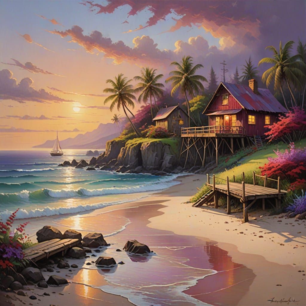 Ethereal Hawaiian Seascape in Whimsical Style