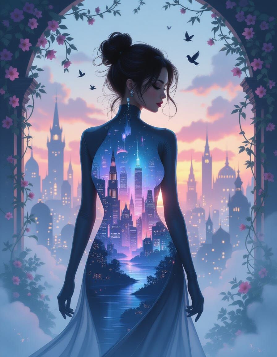 Dreamlike Neon Cityscape in Watercolor Style