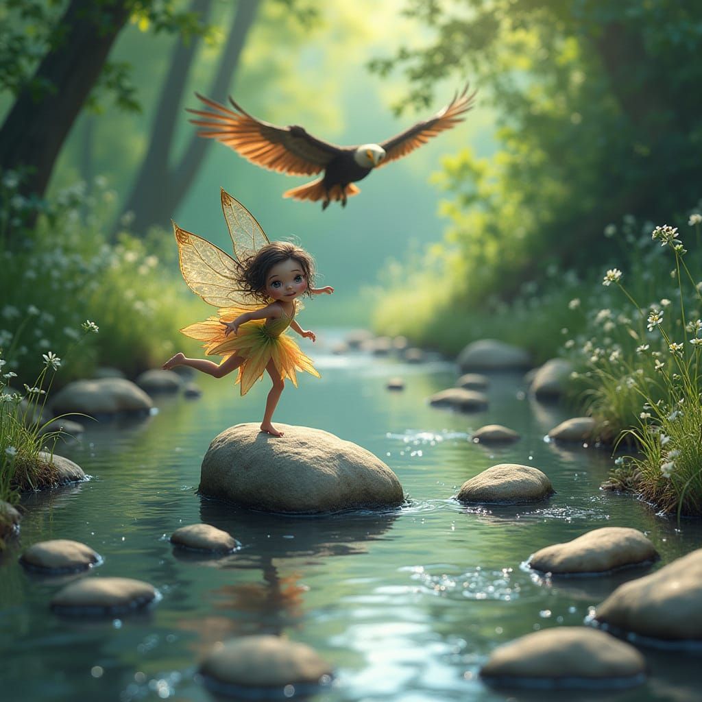 Whimsical Fairies Dance Amidst a Serene Creek Scene in Vibra...
