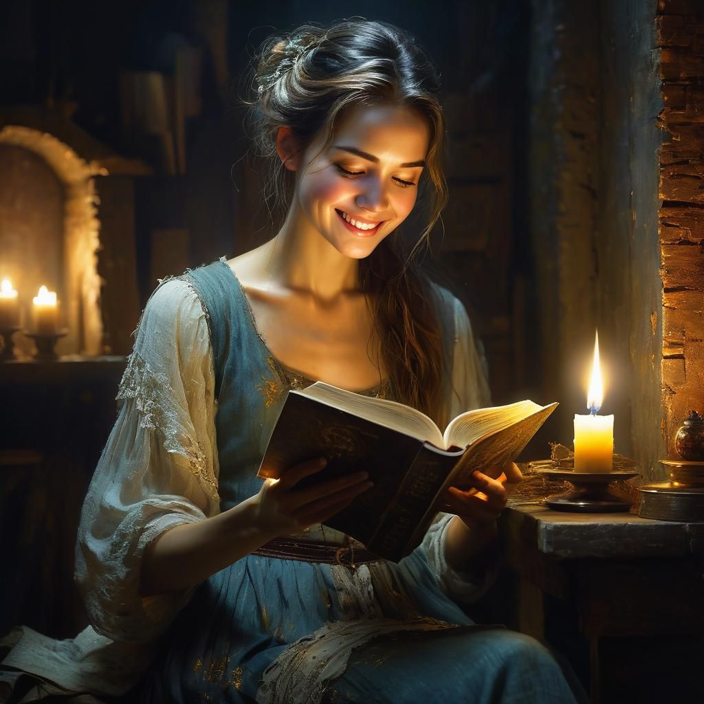 Portrait of a Happy Woman Reading by Candlelight in a Cozy A...