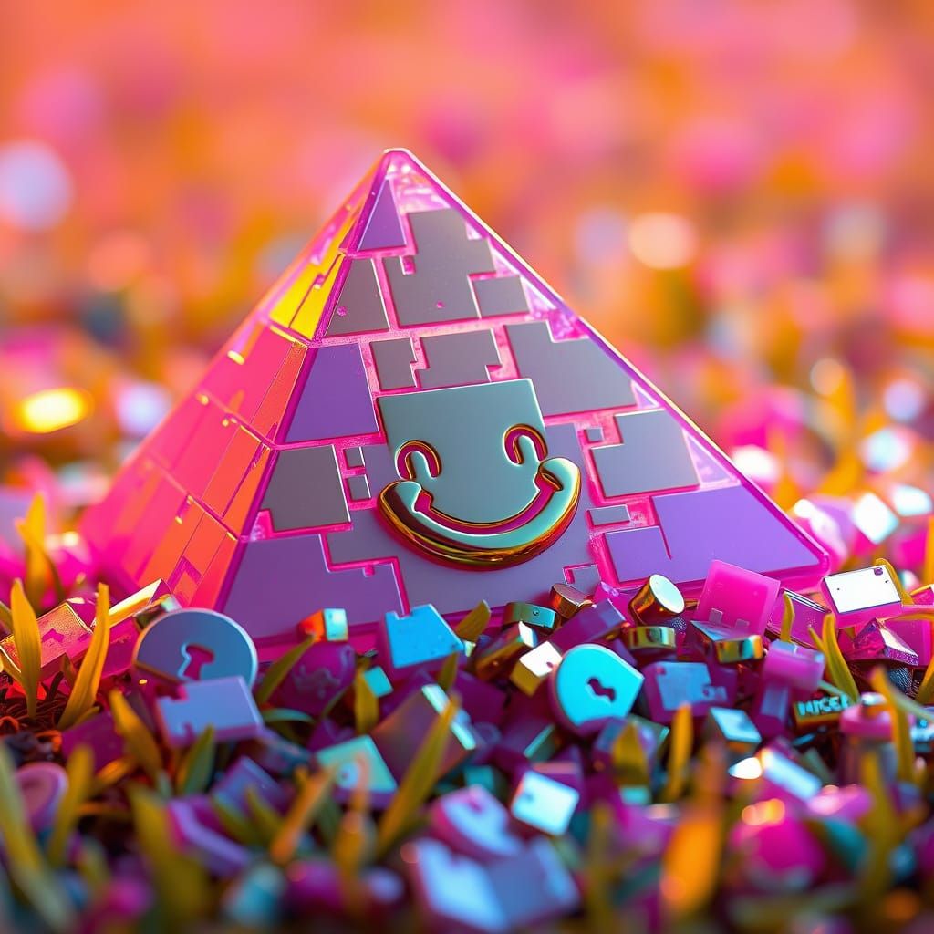 Crumbling Gold Pyramid in a Plastic Meadow