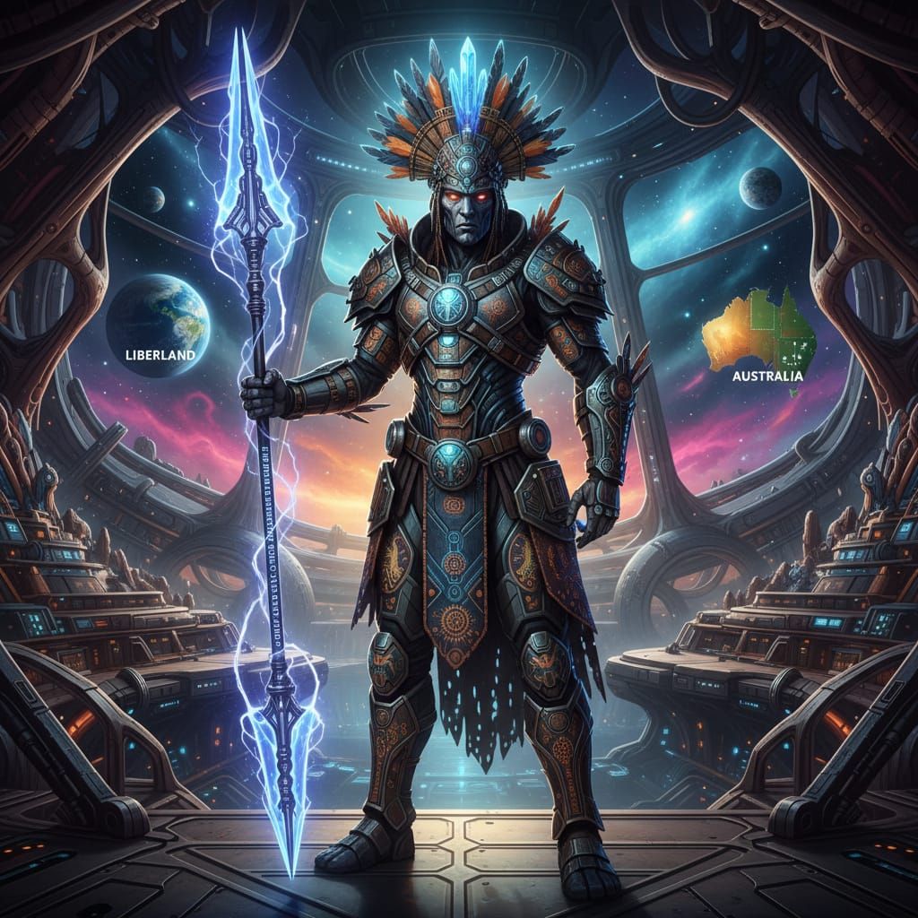 Sci-Fi Tribal Warrior on Alien Spaceship