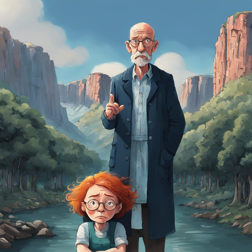 Ginger Woman and Bald Man in Whimsical Landscape
