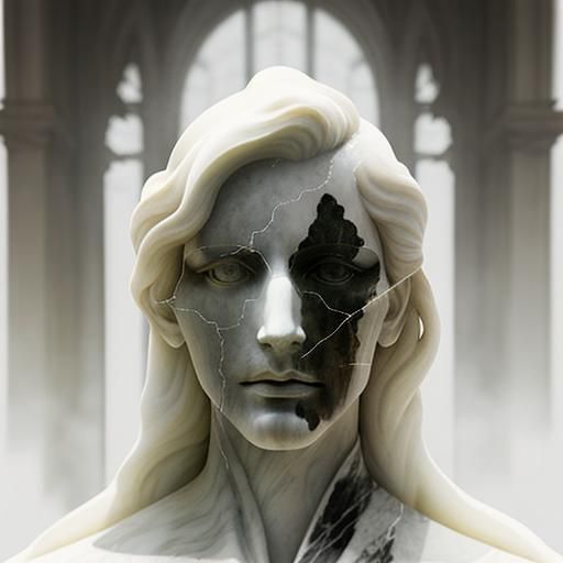 Double Exposure Marble Statue in Dystopian Cityscape