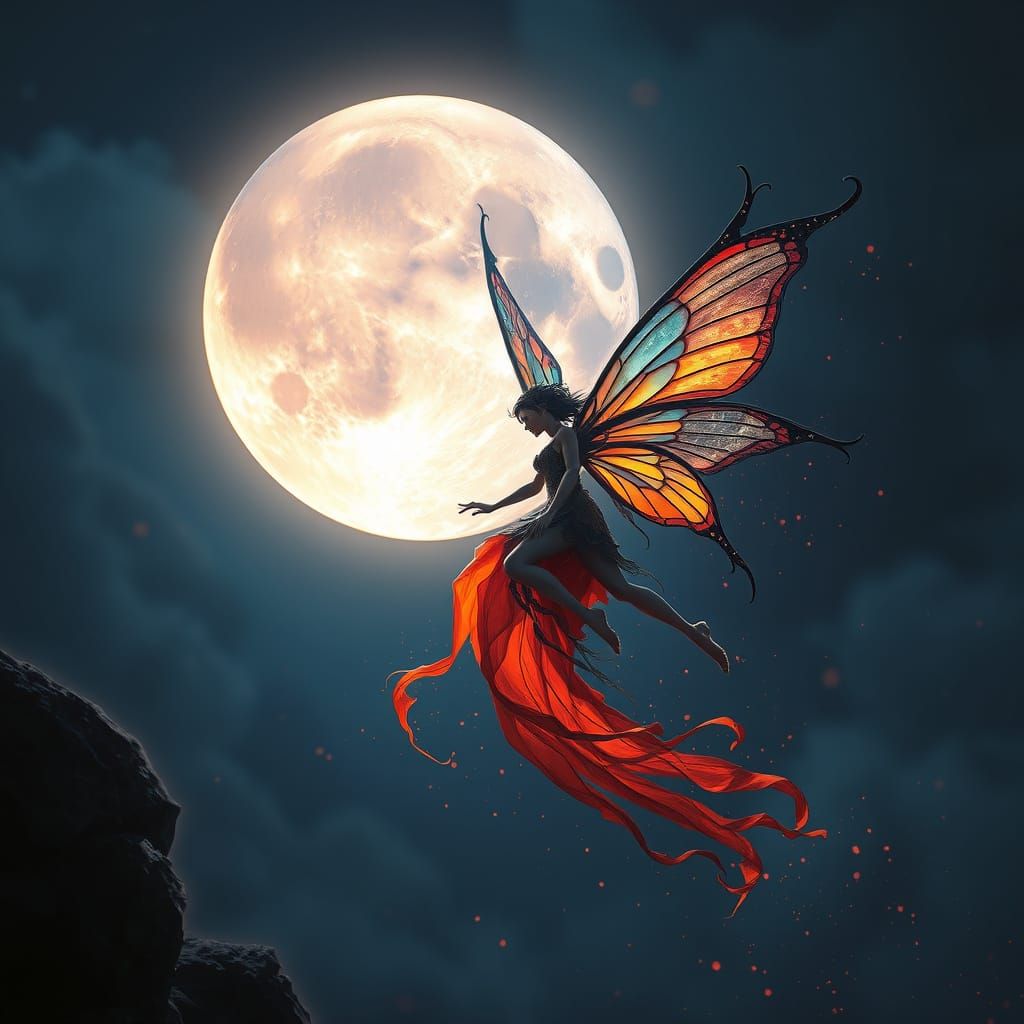 Gothic Fairy Soars Under Moonlight in Vibrant Triadic Colors