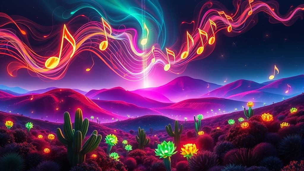 Glowing Musical Notes in Futuristic Night Landscape