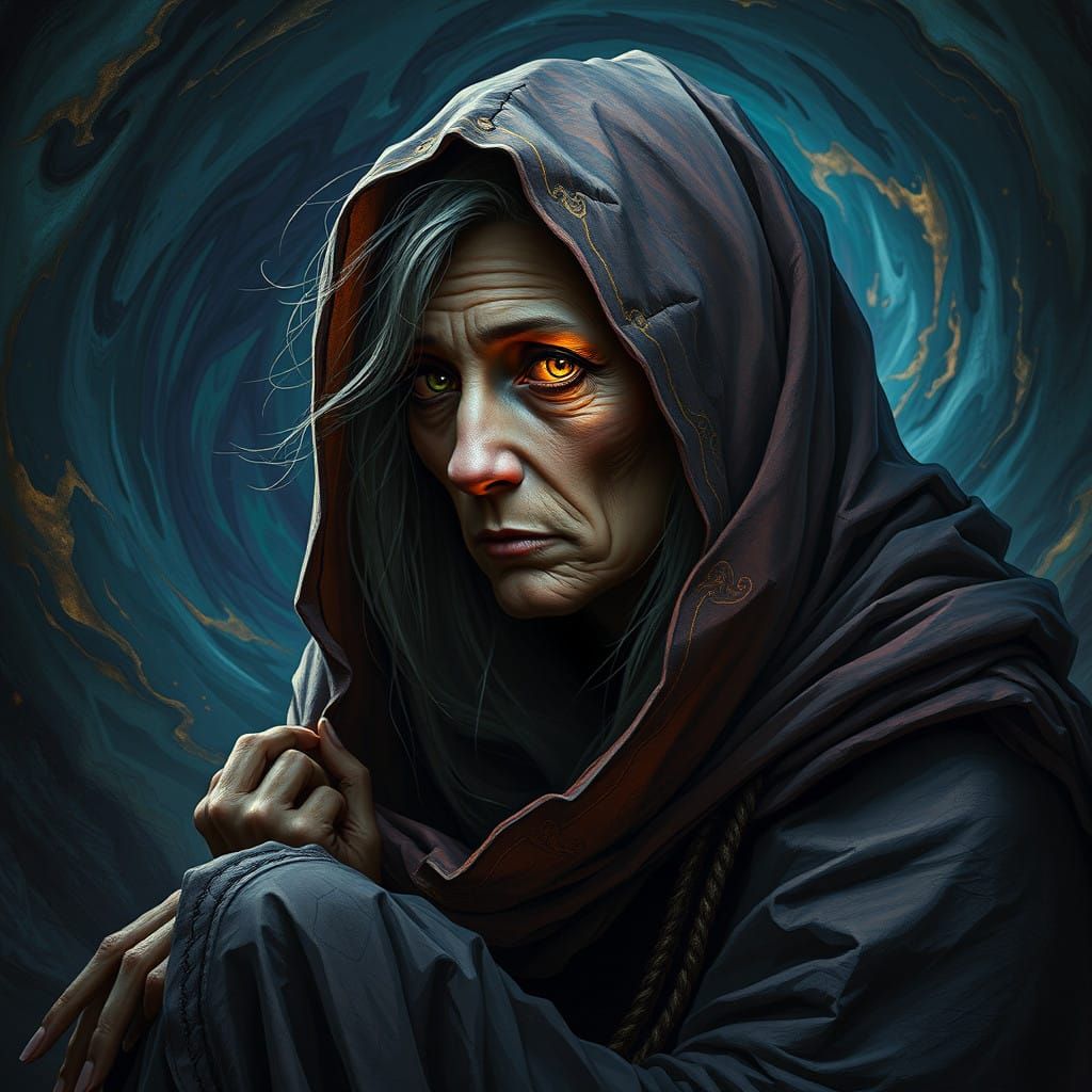 Mystical Witch in Contemplative Repose, a Tapestry of Contra...