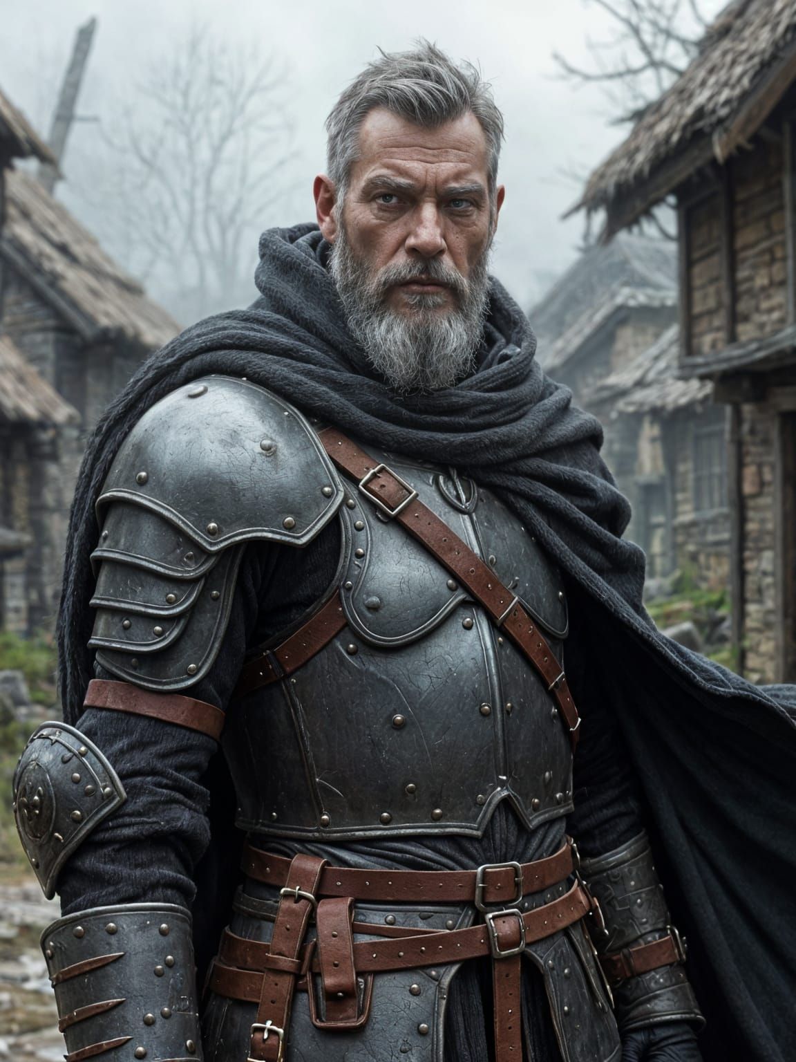 Bearded Nord Warrior Stands Vigilant in Dark Fantasy Village