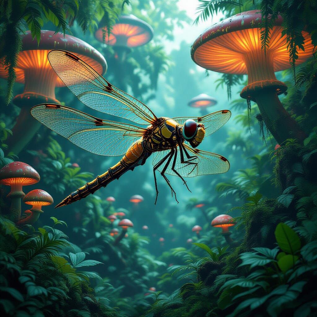 Steampunk Dragonfly in Bioluminescent Alien Jungle