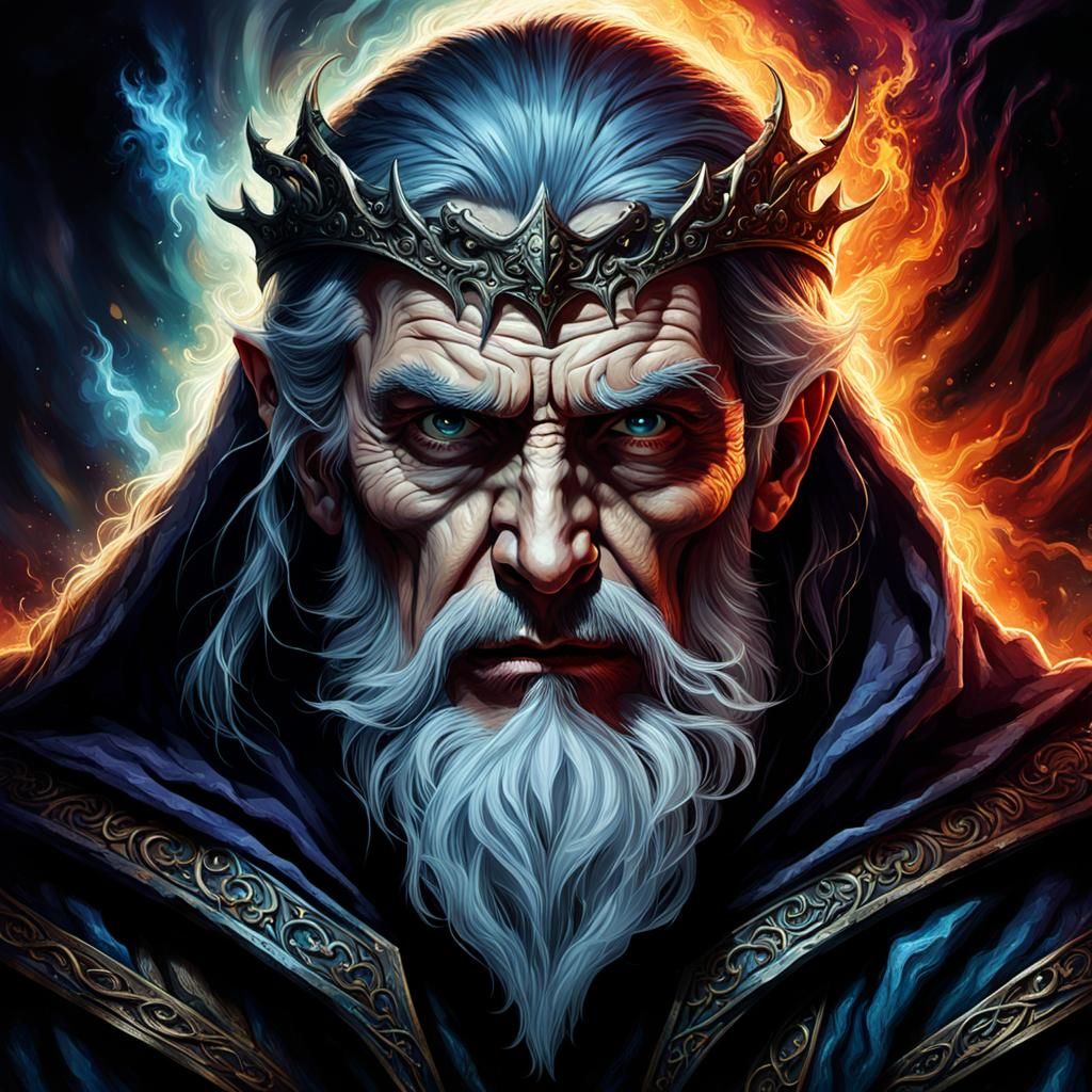 Dark Fantasy Portrait of Merlin and King Arthur