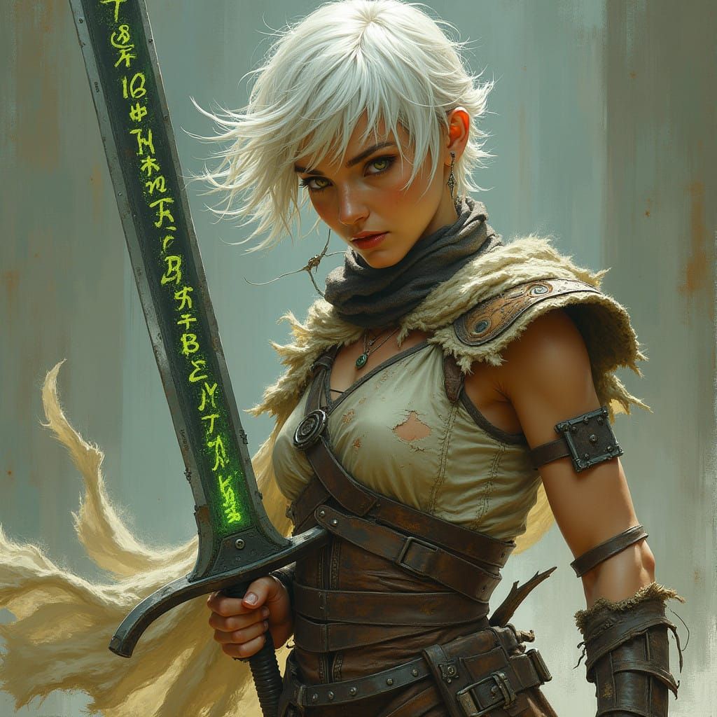 Fierce Gladiator Woman Wields Runed Sword in Muted, Eerie Li...