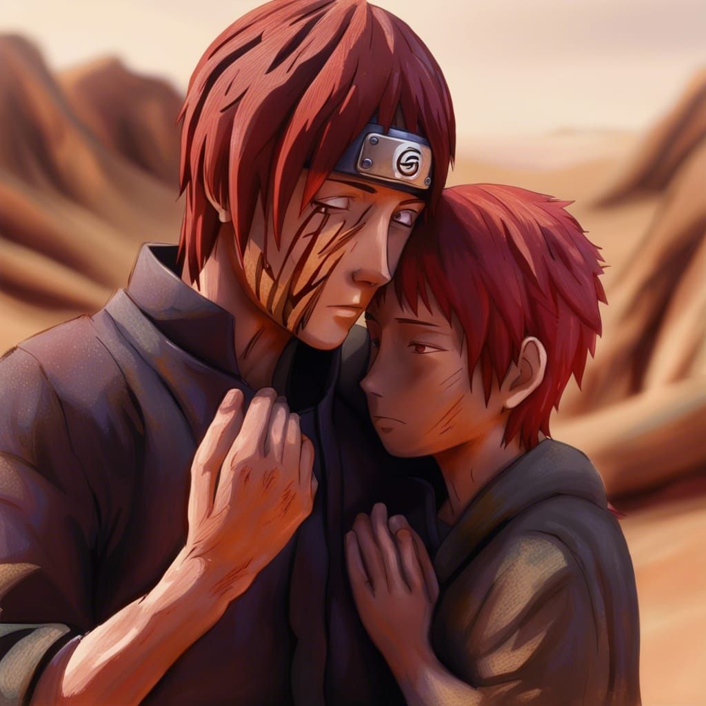 Little Sasori Embraced by His Wooden Doll Family in the Dese...