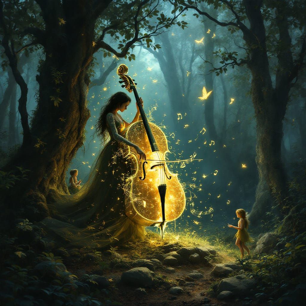 Enchanted Forest Scene: Glowing Cello Plays for Elves and Fa...