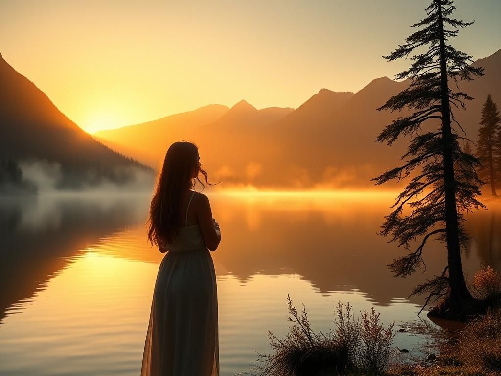 Serene Woman Contemplates Majestic Sunrise Landscape