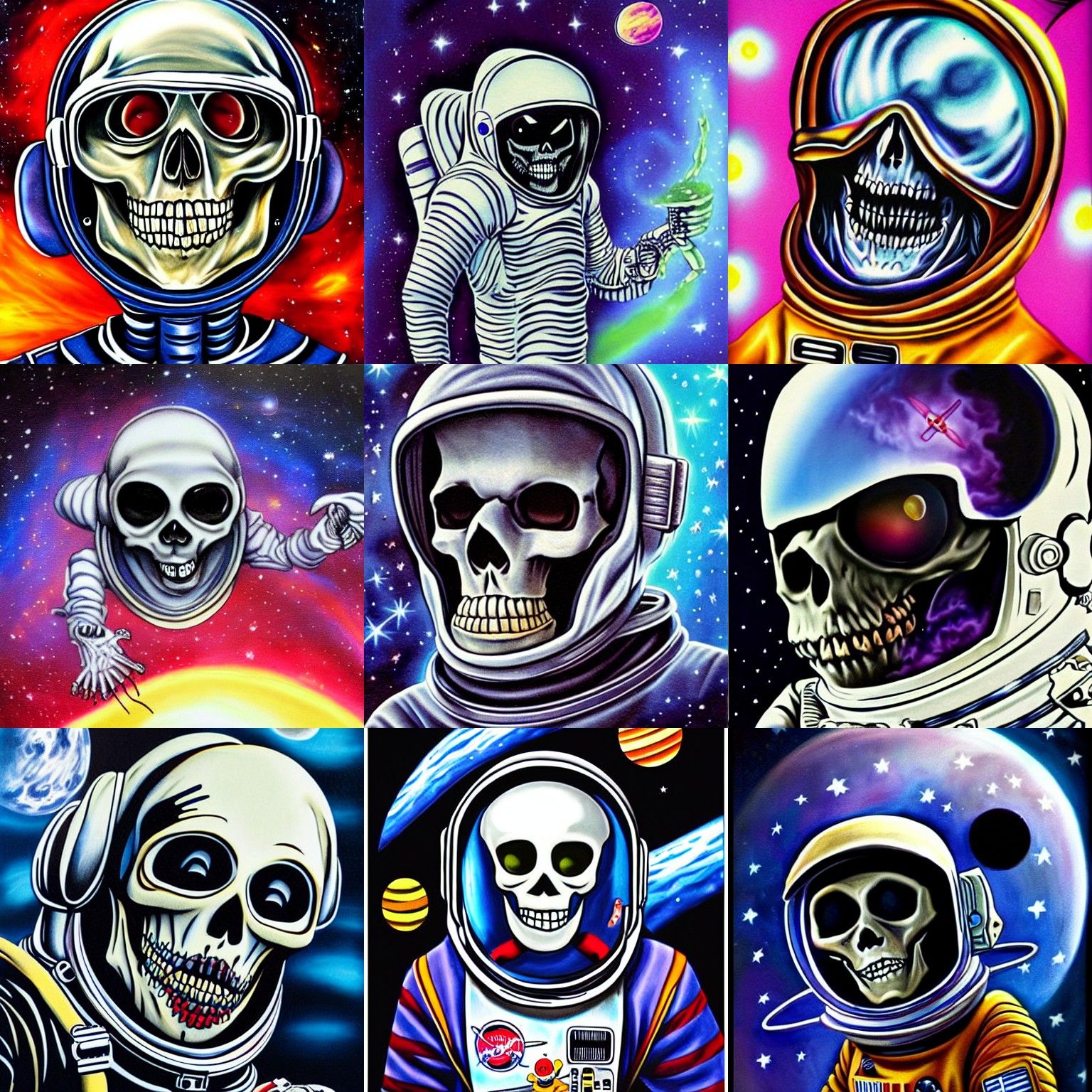 Alien Space Skeleton in Vibrant Airbrushed Art