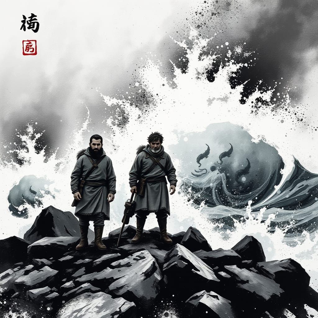 Raw, Expressive Ink Splatter Art on Rocky Shores