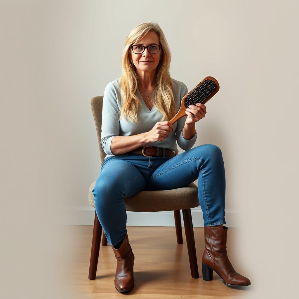 Mature Woman with Hairbrush in Photorealistic Style