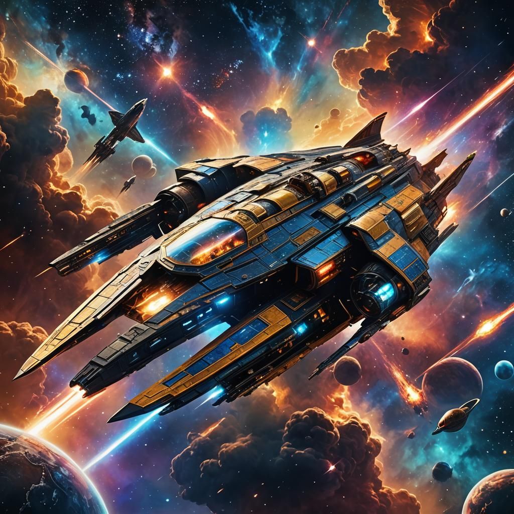 Cyberpunk Sci-Fi Spacecraft in Triadic Nebula